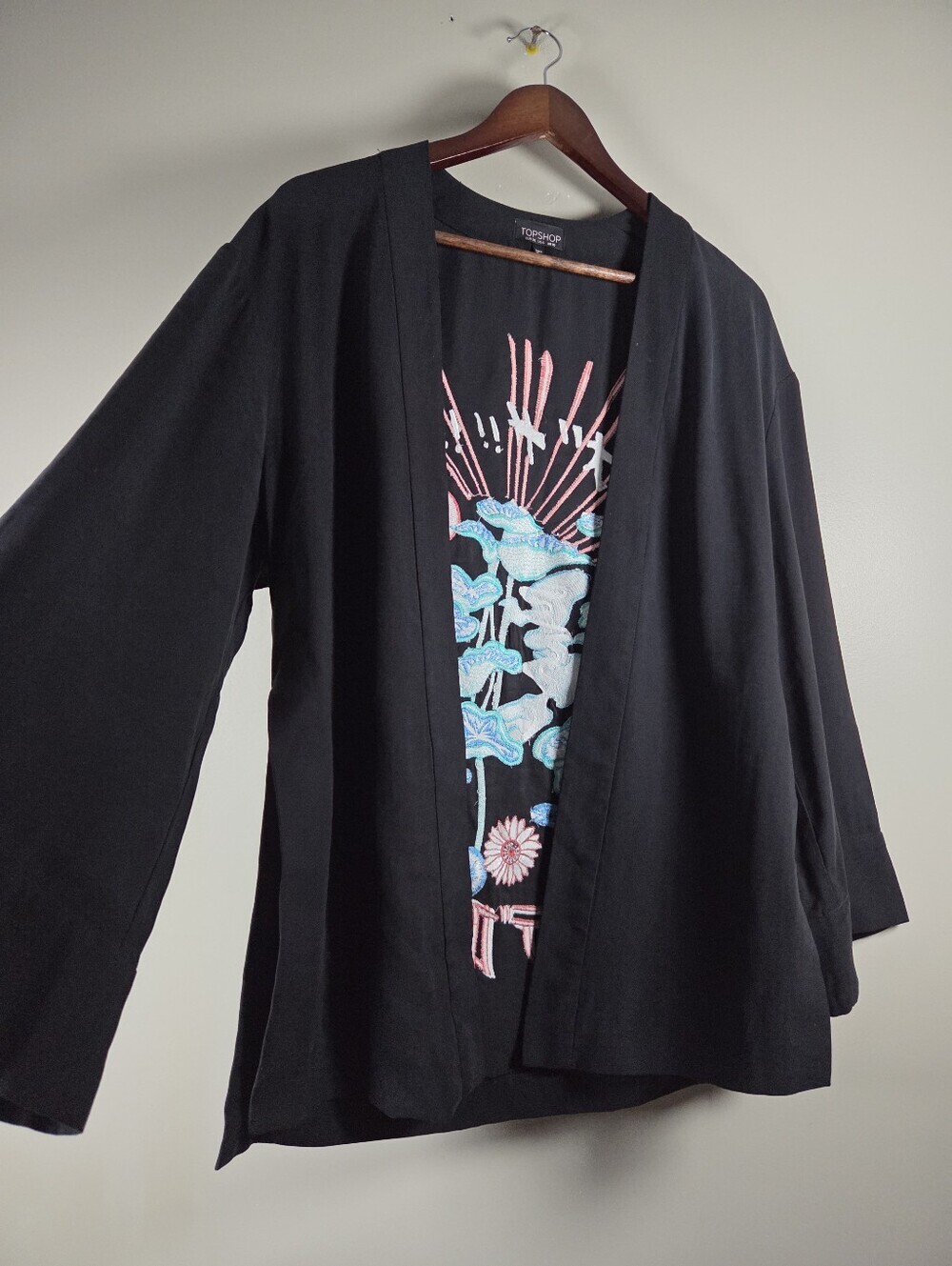 Topshop Embroidered Kimono Jacket Black Asian Graphic Back Print Size US 6 Boho - Picture 3 of 16